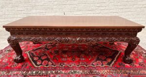 Antique Mahogany Coffee Table Chinese Asian Burmese Anglo-Indian Hand Carved Wood Ball Claw Feet