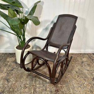 Vintage Thonet Style Large Dark Stain Bamboo Bentwood Cane Rattan Rocking Arm Chair