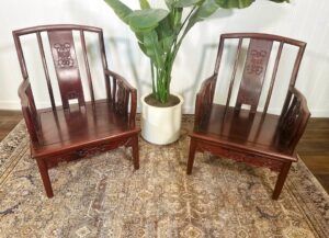 VTG Chinese Huali Rosewood Chairs Highback Armchairs KOI Fish x2