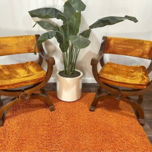 VTG Kurul Armchair in Oak W/ Orange Velvet Tufted Fabric Set of 2 Heavy Solid Wood