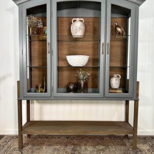 Painted Arched Wood Cabinet Bookcase Shelf Hutch Modern Farmhouse Green & Stained Wood Glass Doors