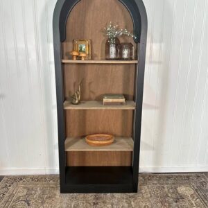 VTG Arched Cabinet Bookshelf Curio Glass Solid Oak Wood Shelves Black