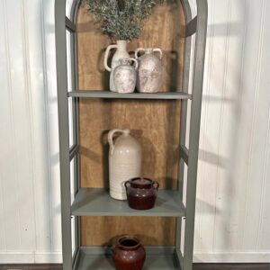 VTG Arched Cabinet Bookshelf Curio Glass Solid Oak Wood Shelves Green Painted