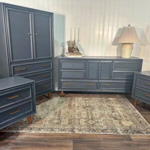 VTG Lane Bedroom Set Mid Cenury Modern Set Gray Gold Hardware Nightstands Tall & Long Dressers