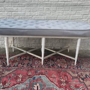Upholstered Tufted Bench Seat Gray White Bamboo